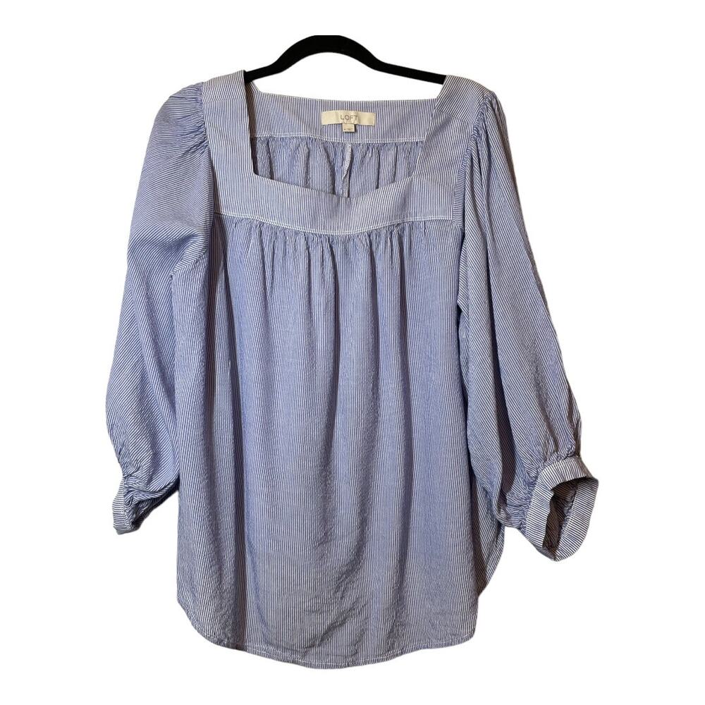 LOFT Ann Taylor Striped Square Neck Blouse Medium Blue White